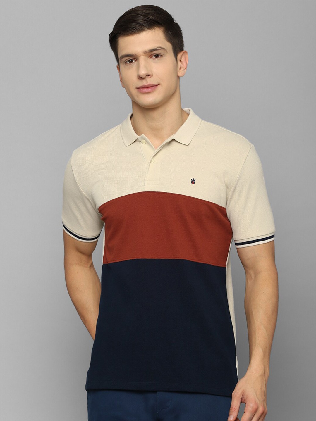 

Louis Philippe Sport Men Beige Colourblocked Polo Collar Pure Cotton Slim Fit T-shirt