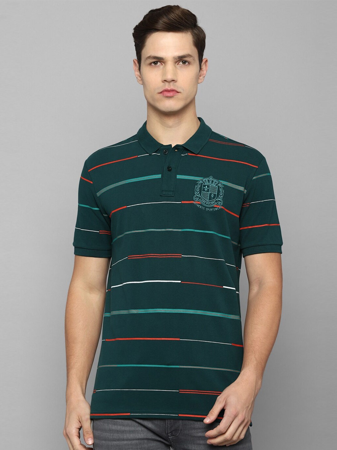 

Louis Philippe Sport Men Green Striped Polo Collar T-shirt