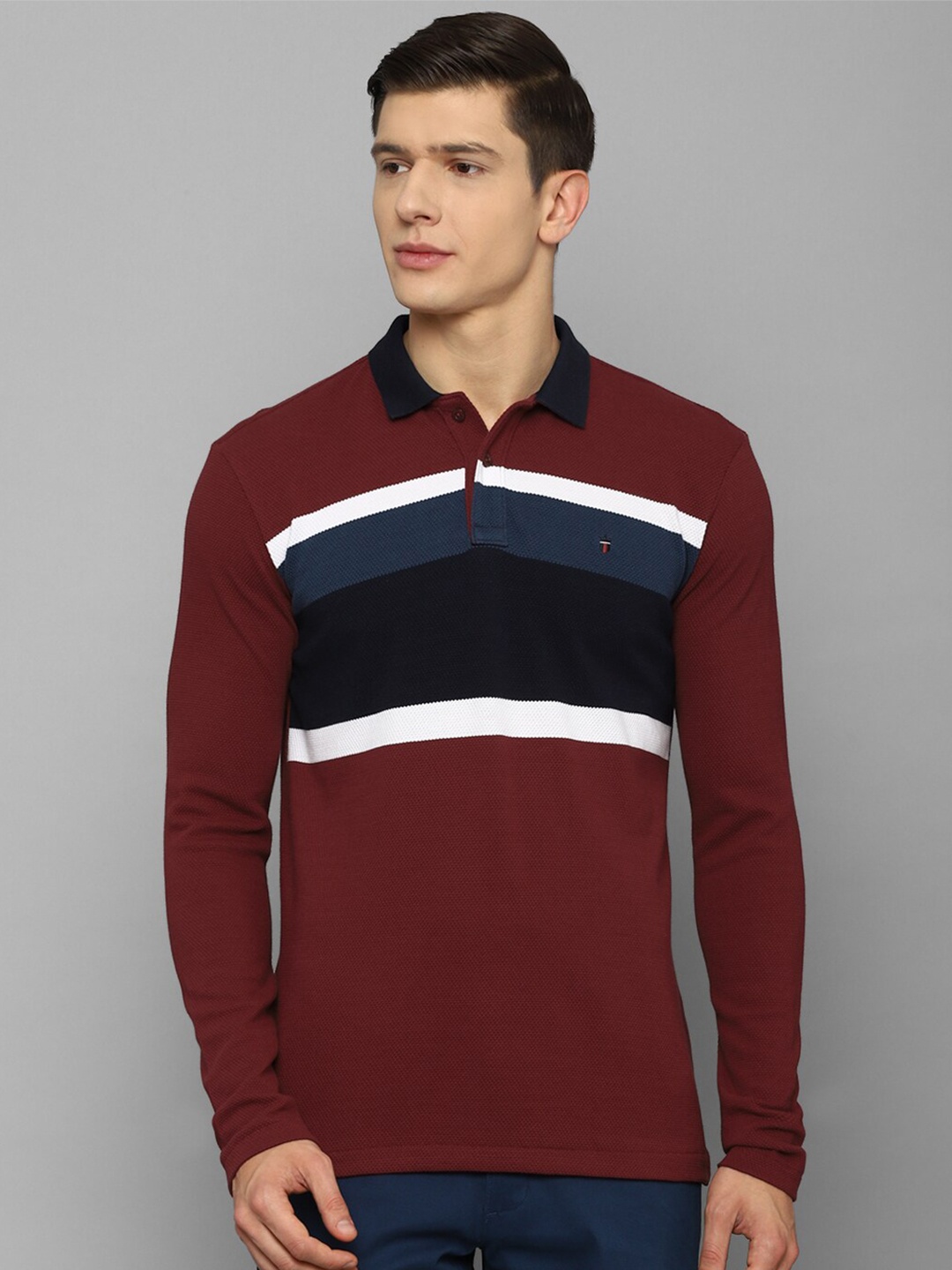 

Louis Philippe Sport Men Pure cotton Maroon & Blue Striped Polo Collar Slim Fit T-shirt