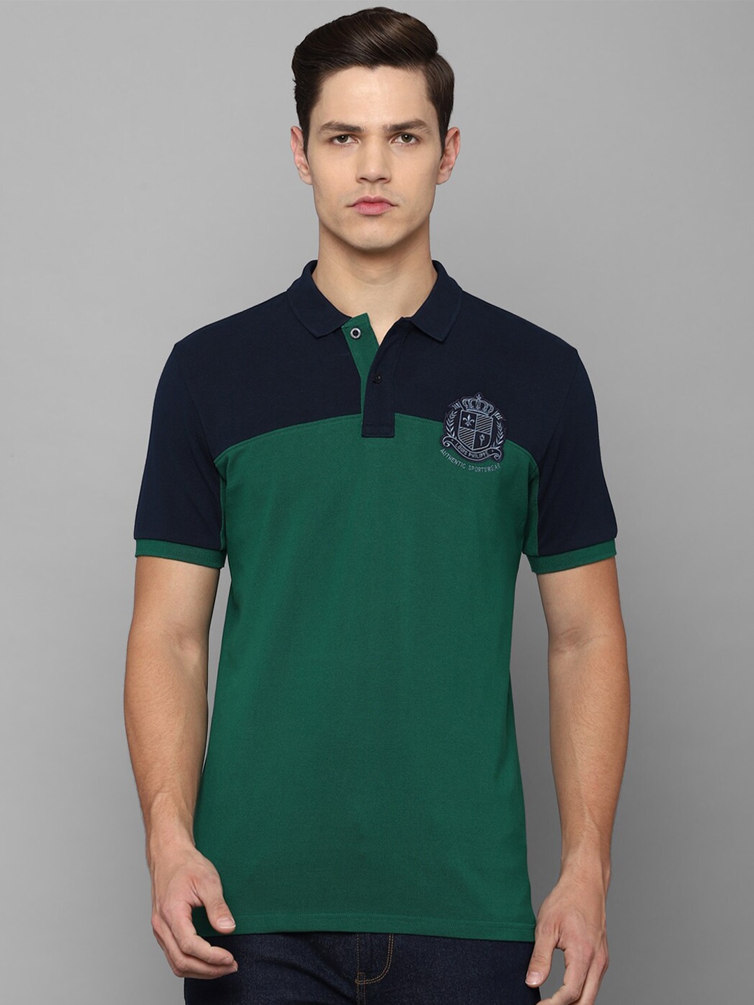 

Louis Philippe Sport Men Green & Navy Blue Colourblocked Polo Collar Pure Cotton T-shirt