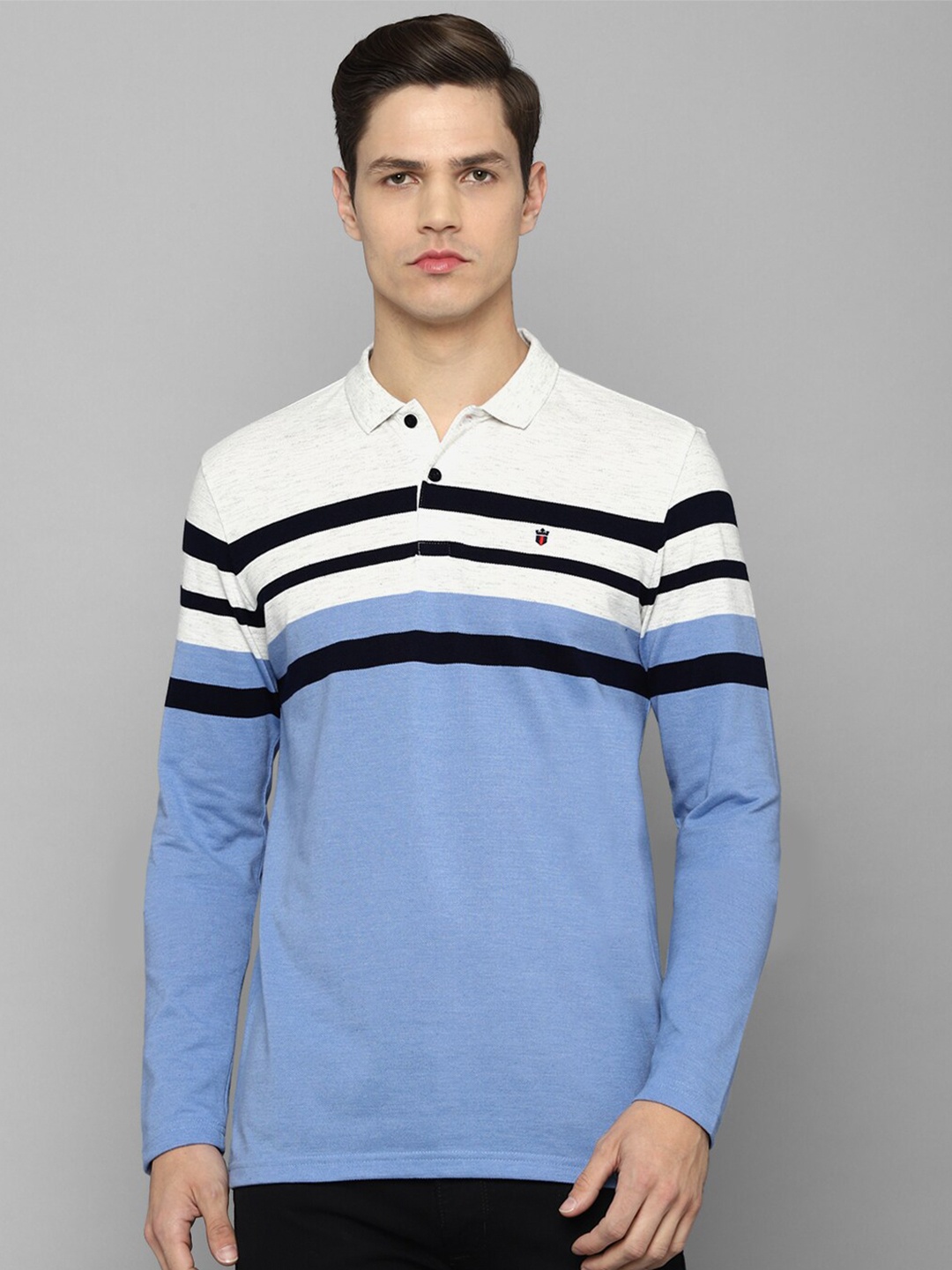 

Louis Philippe Sport Men Blue & White Striped Polo Collar Slim Fit Cotton T-shirt
