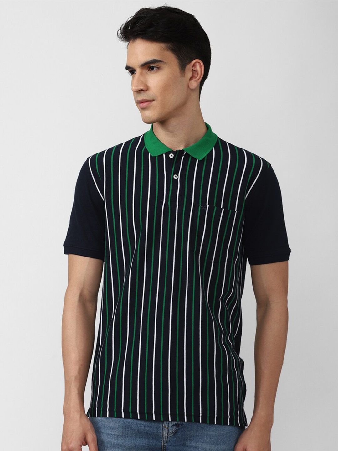 

Peter England Casuals Men Black & Green Striped Polo Collar T-shirt