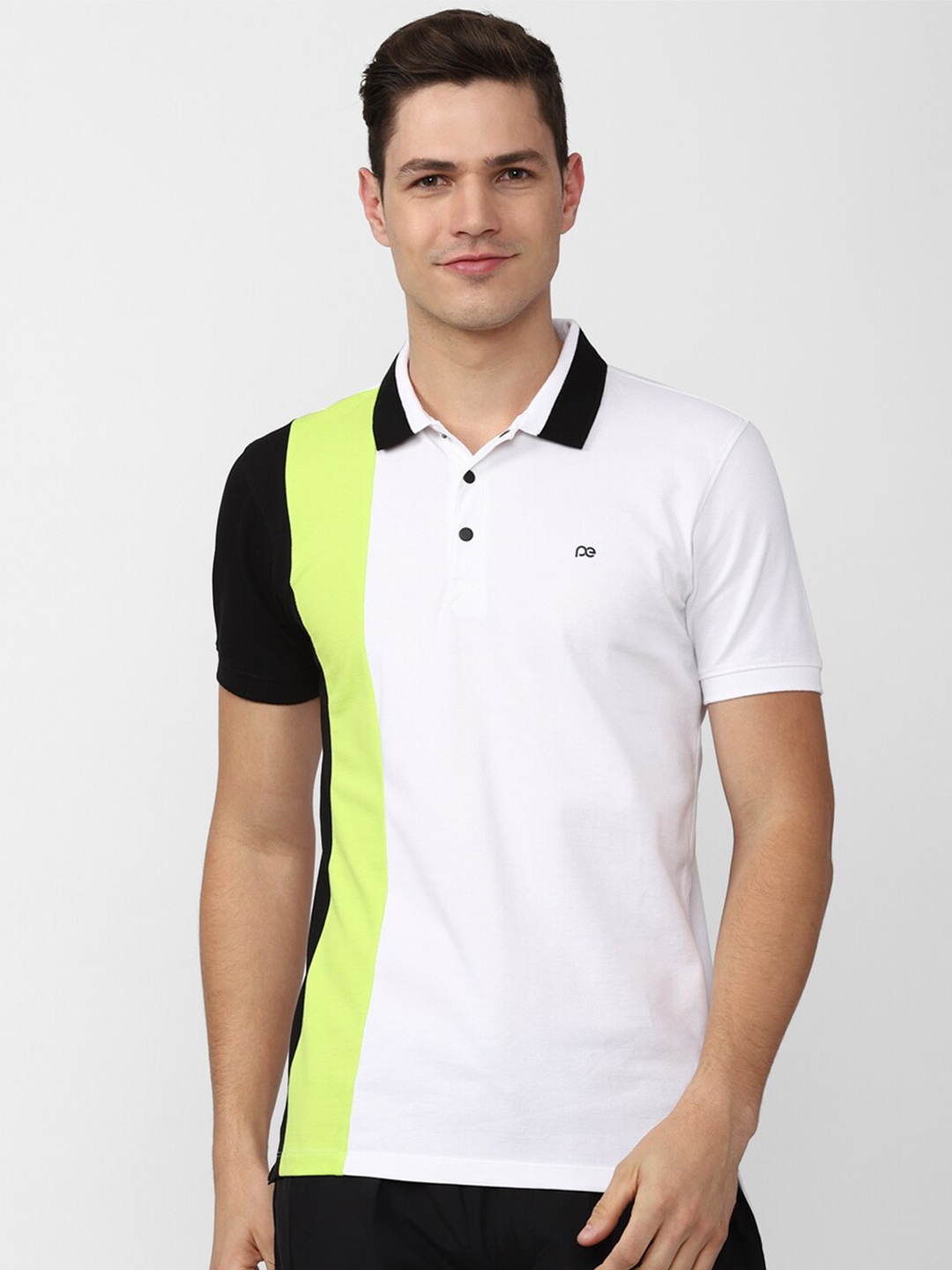 

Peter England Casuals Men White & Black Brand Logo Colourblocked Polo Collar Pure Cotton Slim Fit T-shirt