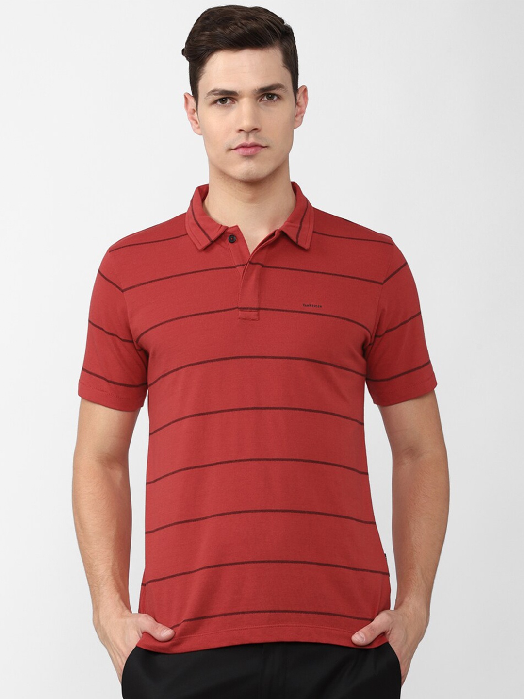 

Van Heusen Men Red & Black Striped Polo Collar T-shirt