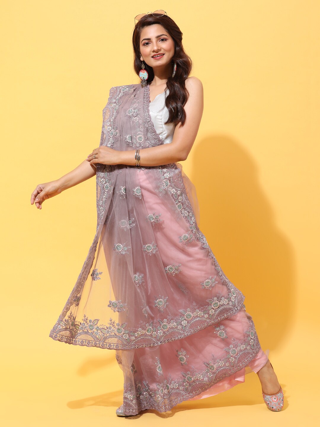 

kasee Lavender Floral Sequinned Net Heavy Work Saree