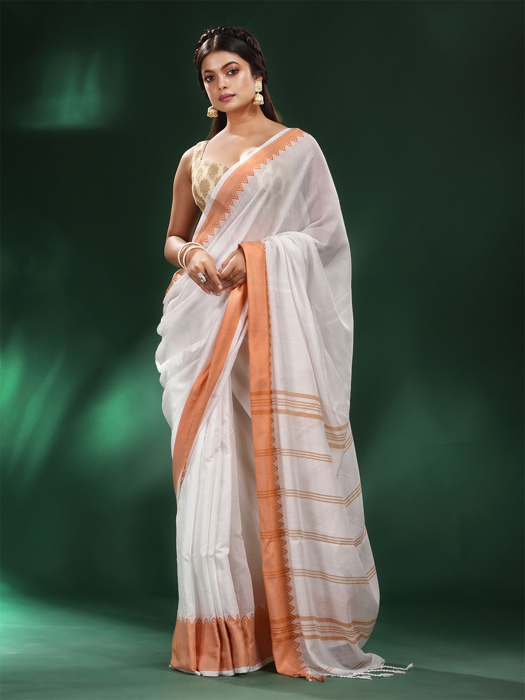 

Charukriti White & Orange Striped Pure Cotton Saree