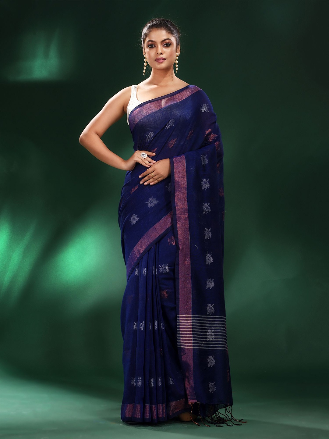 

Charukriti Blue & Silver-Toned Woven Design Pure Cotton Saree