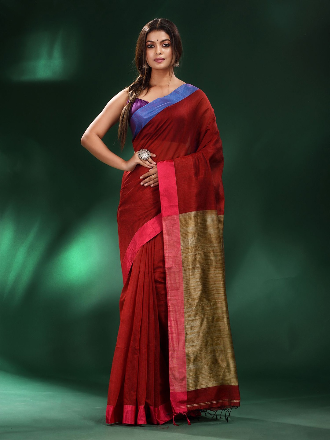 

Charukriti Red & Blue Pure Cotton Saree