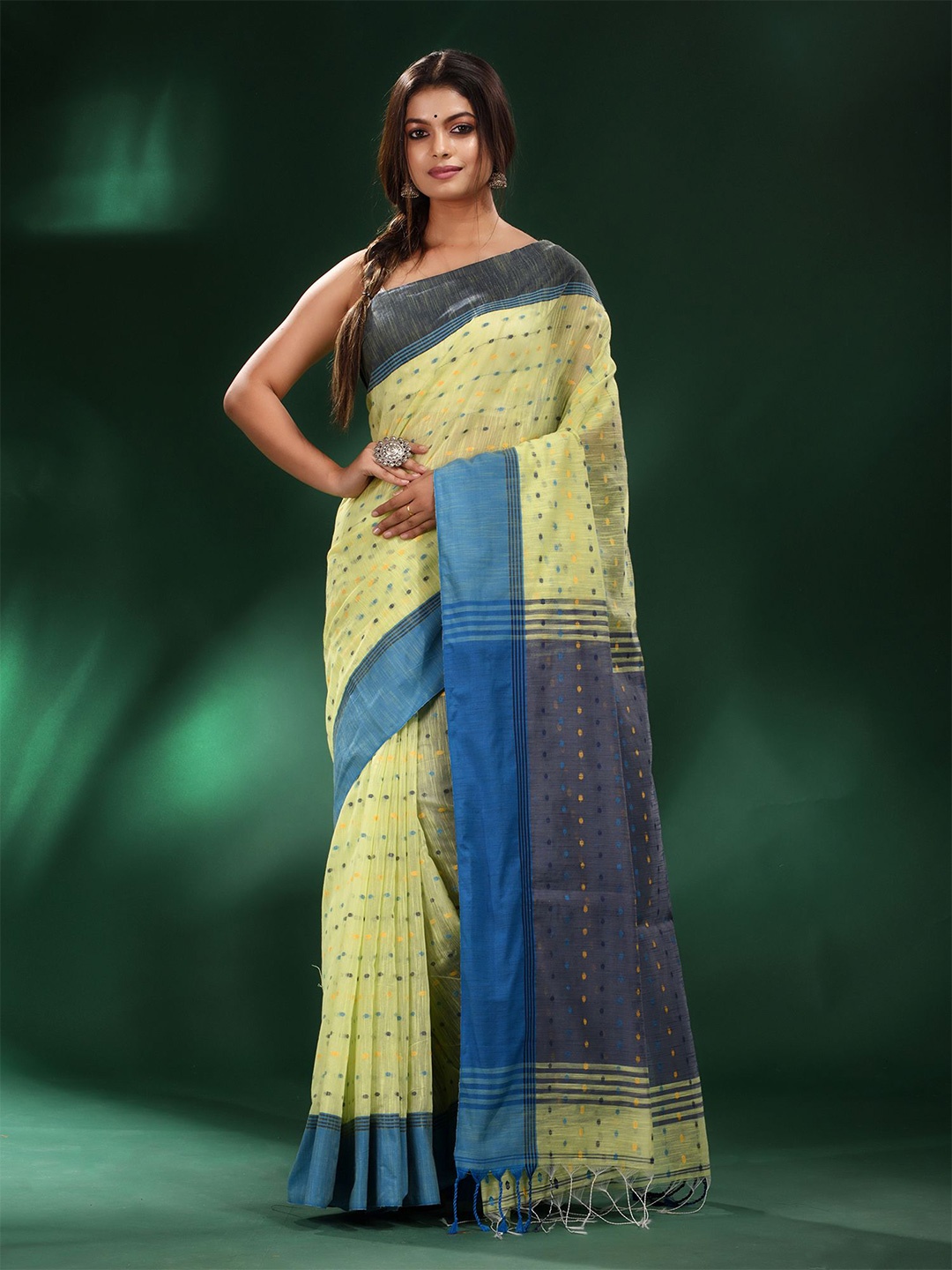 

Charukriti Green & Blue Woven Design Pure Cotton Saree