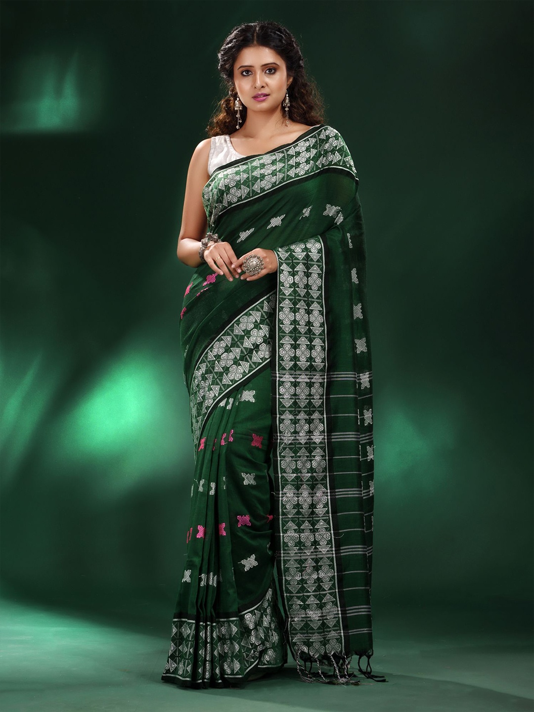 

Charukriti Green & Pink Woven Design Zari Pure Cotton Saree