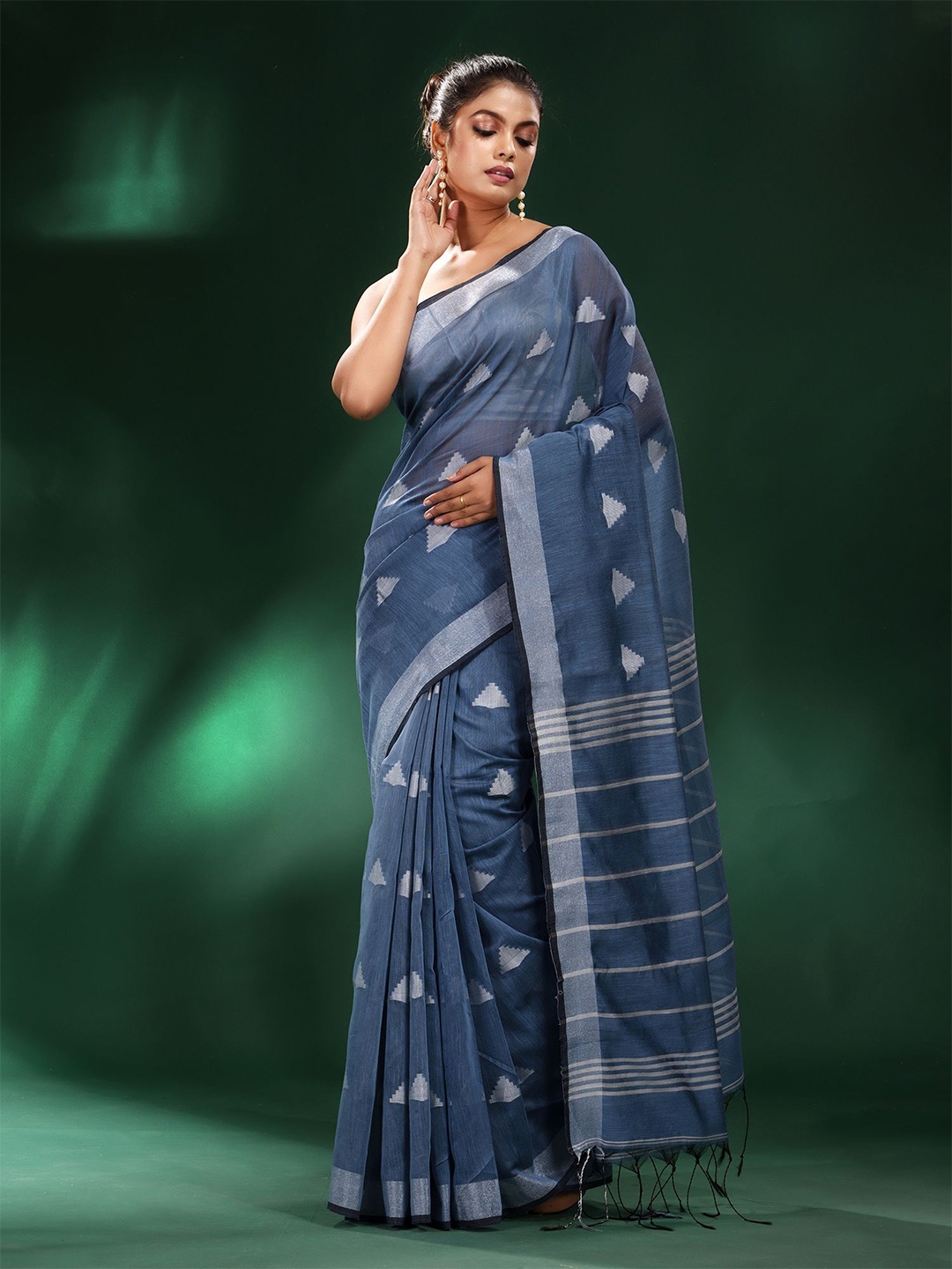 

Charukriti Blue & Silver-Toned Woven Design Zari Saree