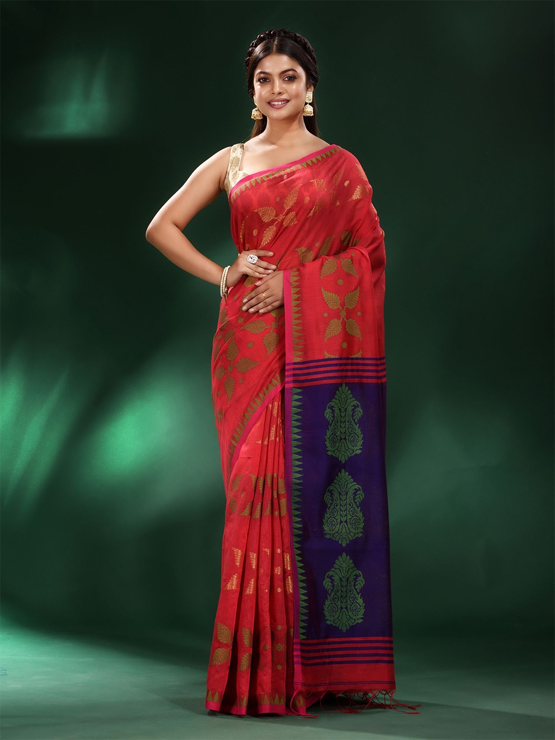 

Charukriti Red & Blue Woven Design Cotton Blend Zari Saree