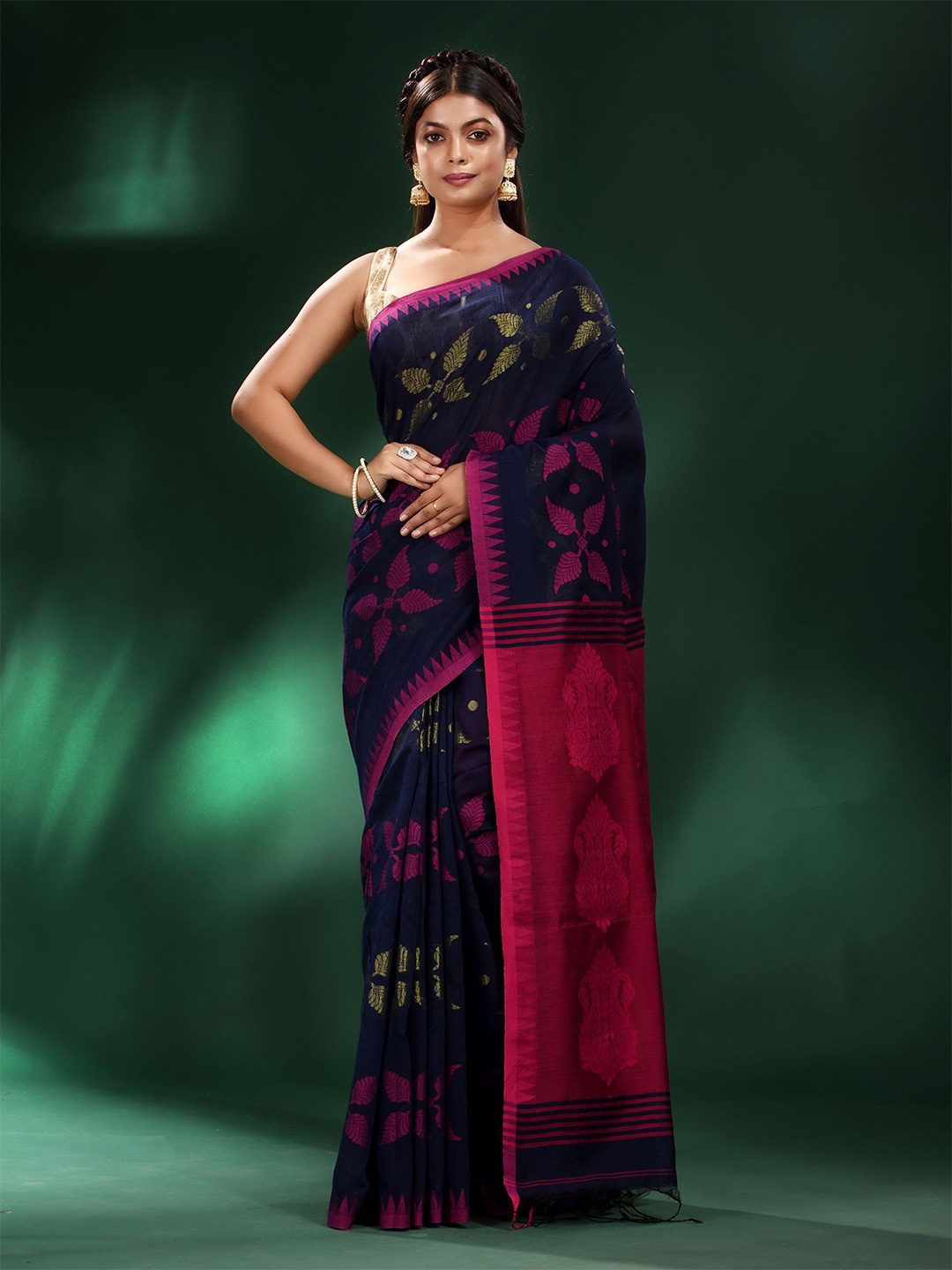 

Charukriti Blue & Pink Woven Design Saree