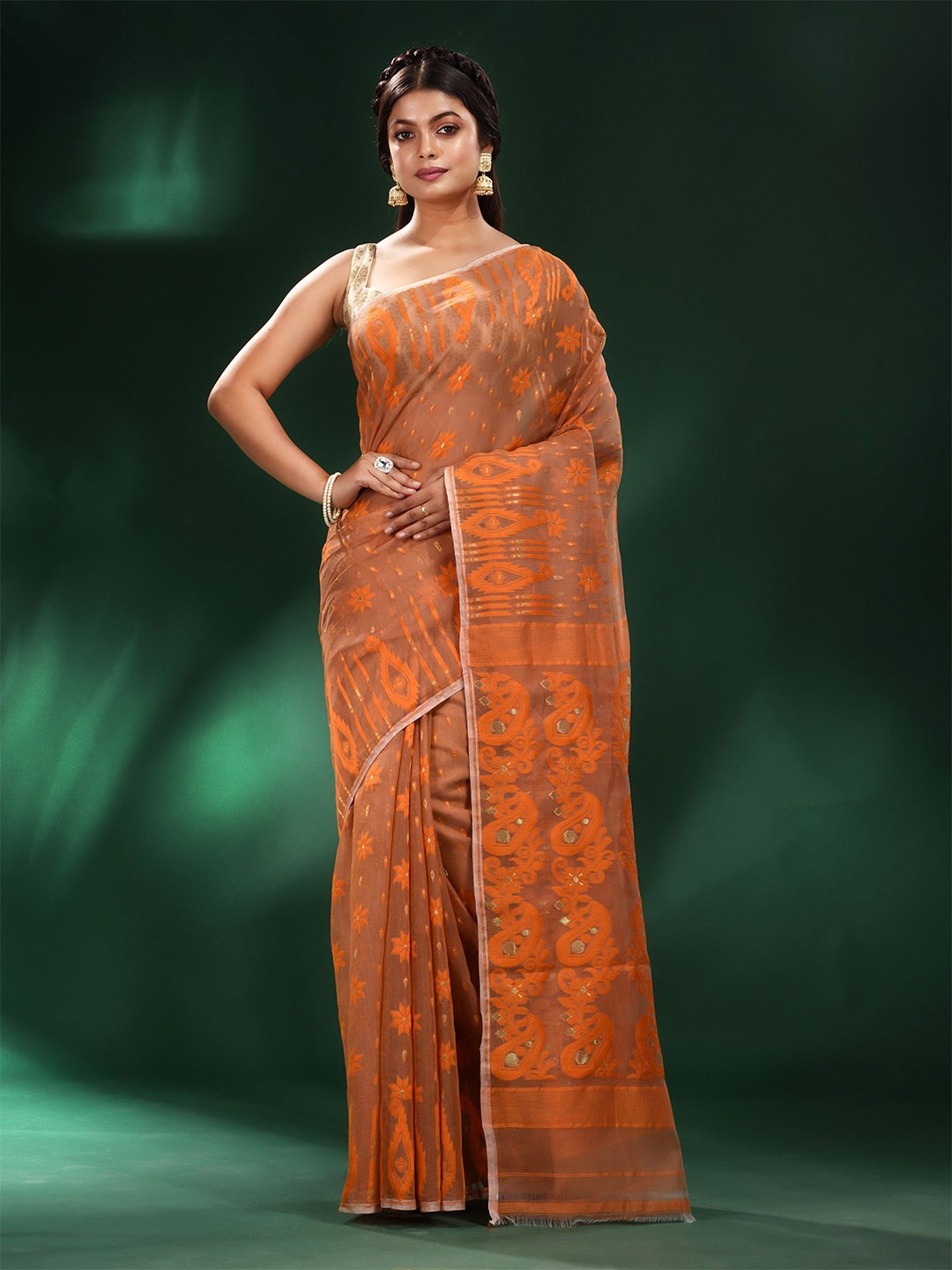 

Charukriti Orange & Gold-Toned Woven Design Silk Cotton Jamdani Saree