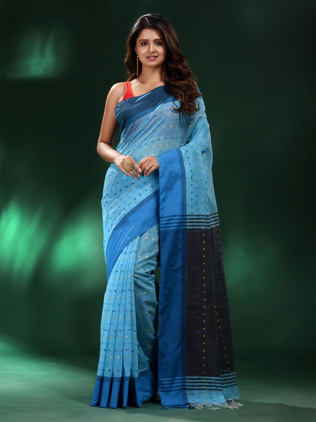 

Charukriti Blue & Yellow Woven Design Pure Cotton Saree With Unstitched Blouse Piece