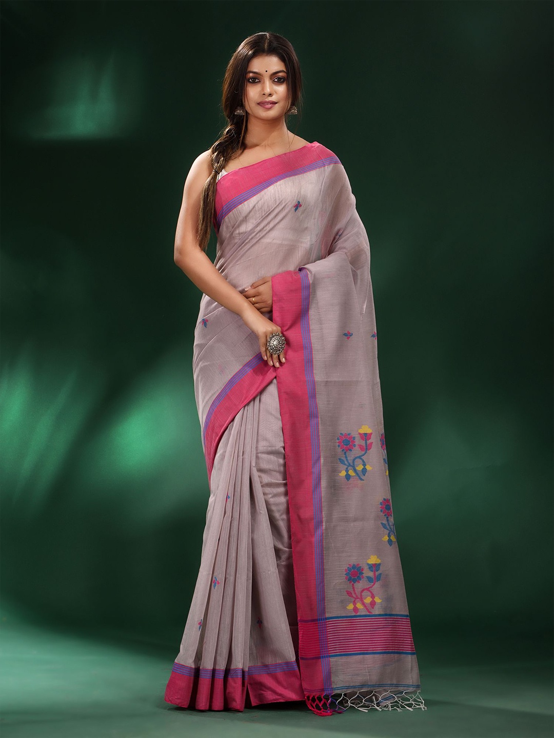 

Charukriti Grey & Pink Woven Design Pure Cotton Saree