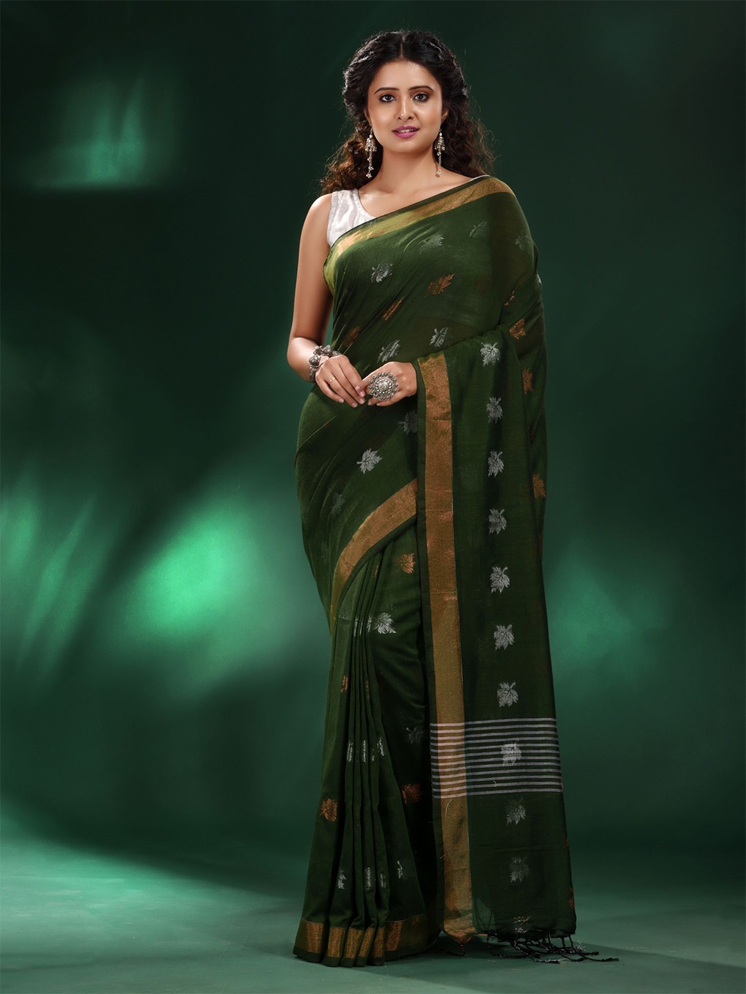 

Charukriti Green & White Woven Design Zari Pure Cotton Saree