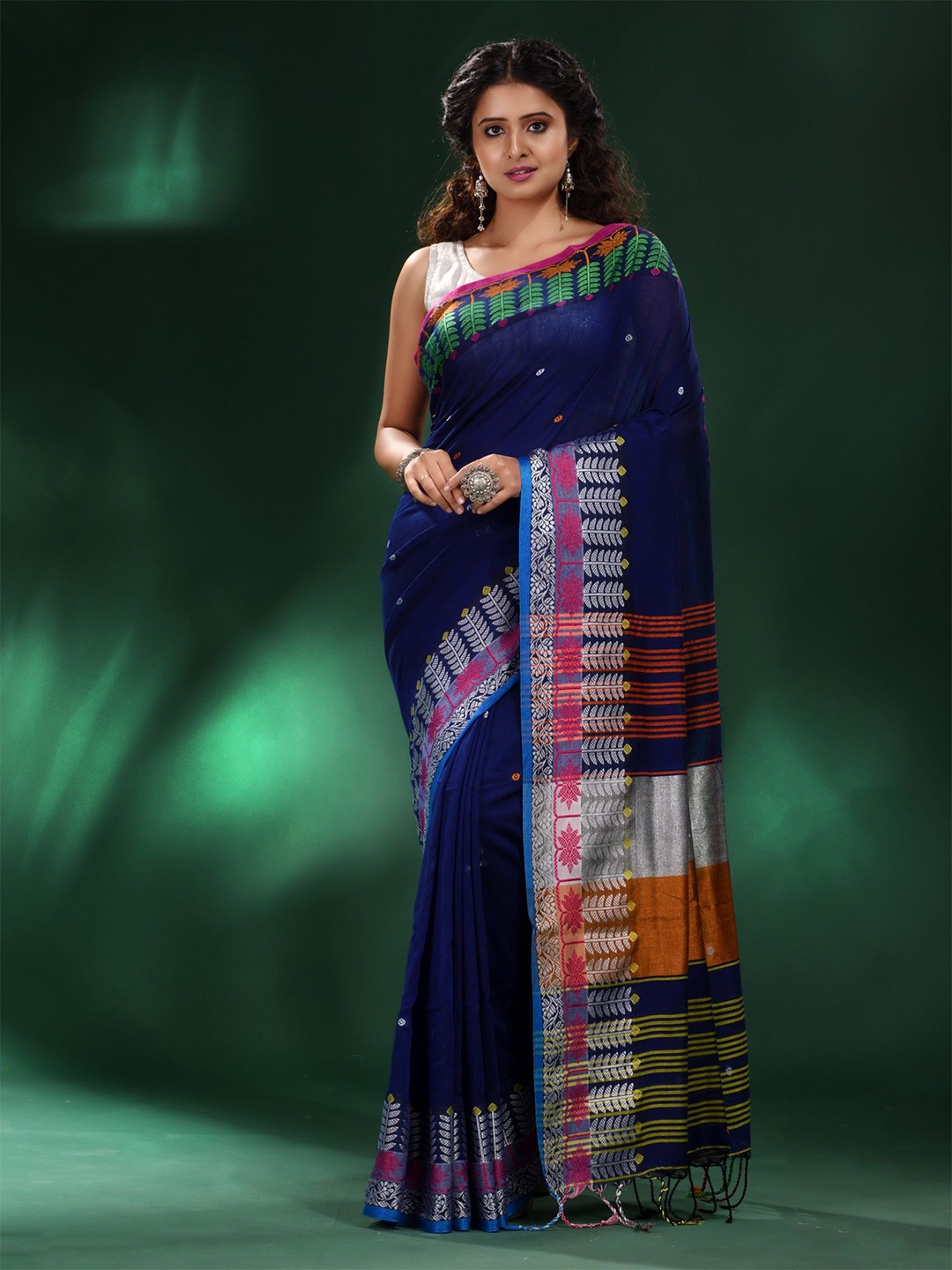 

Charukriti Blue & Pink Woven Design Zari Pure Cotton Saree