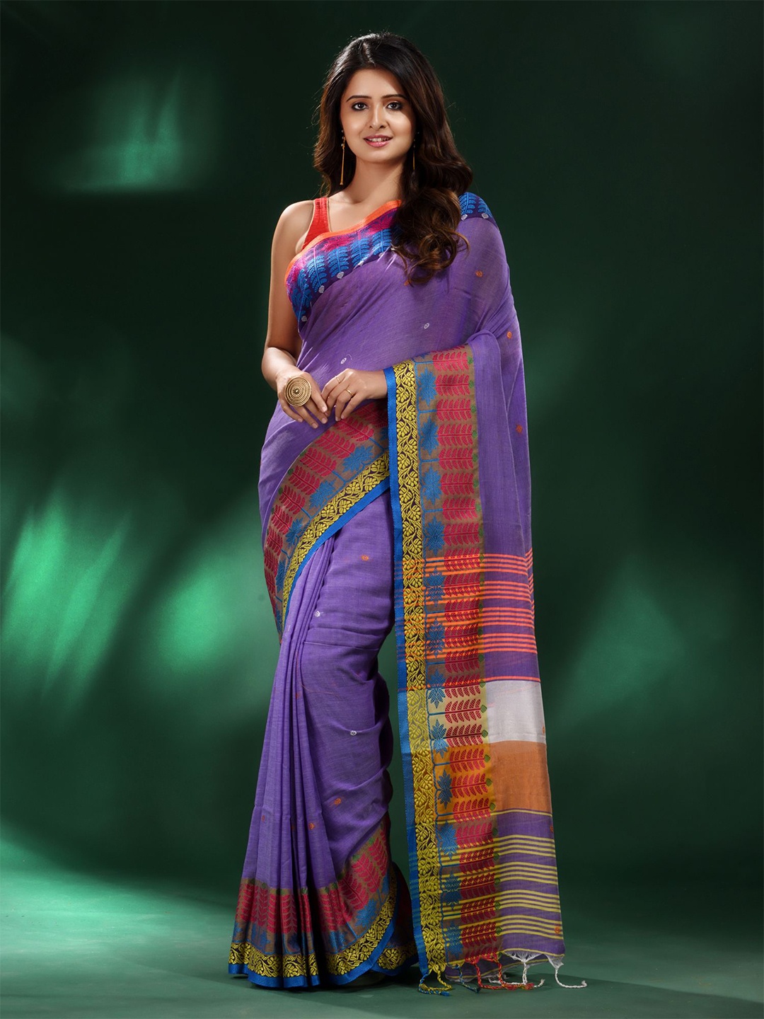

Charukriti Violet & Orange Woven Design Pure Cotton Saree