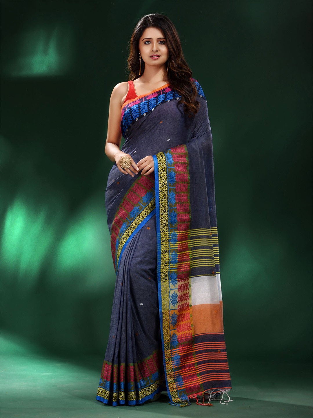 

Charukriti Navy Blue & Gold-Toned Woven Design Zari Pure Cotton Saree