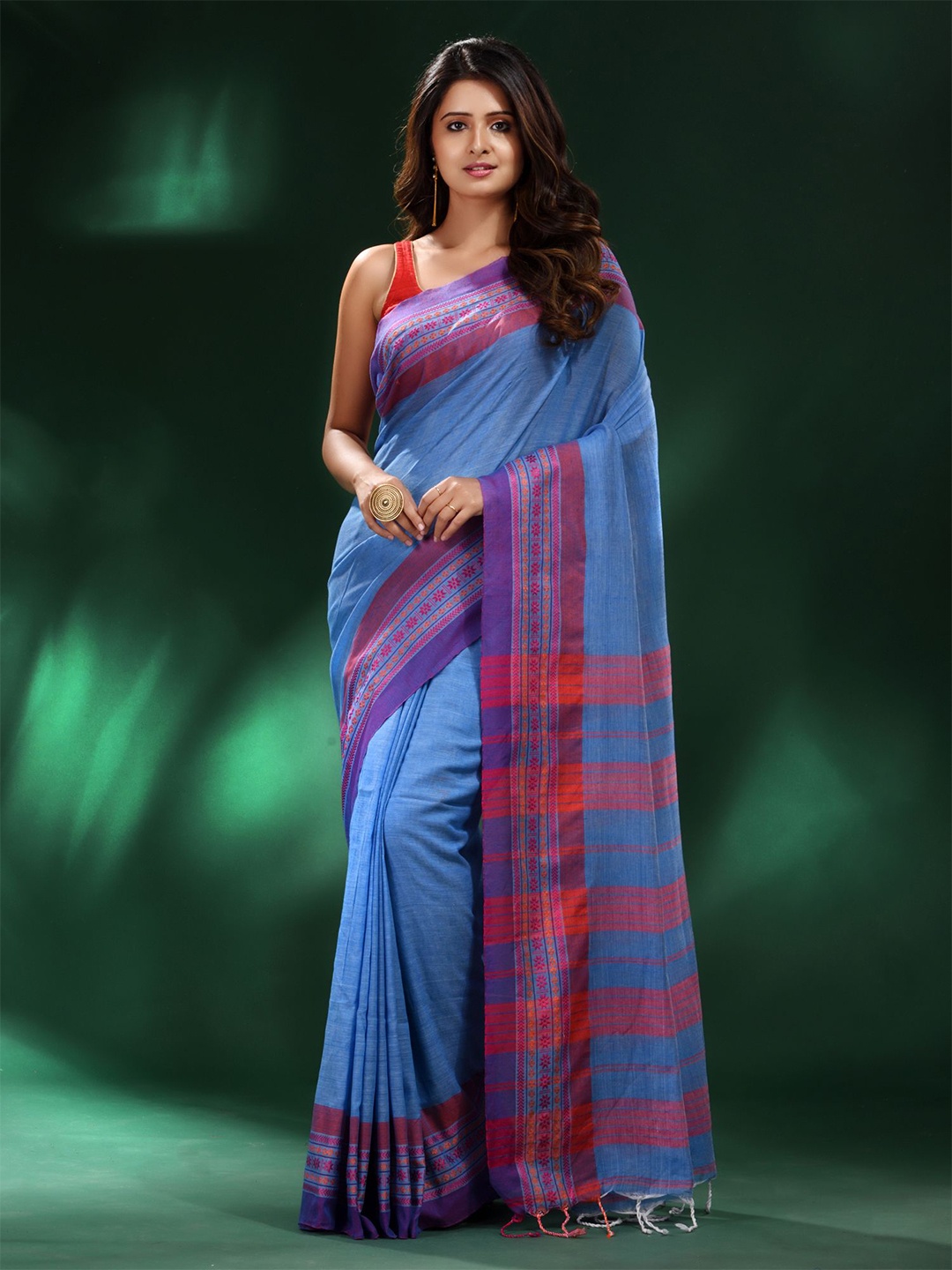 

Charukriti Blue & Red Woven Design Pure Cotton Saree