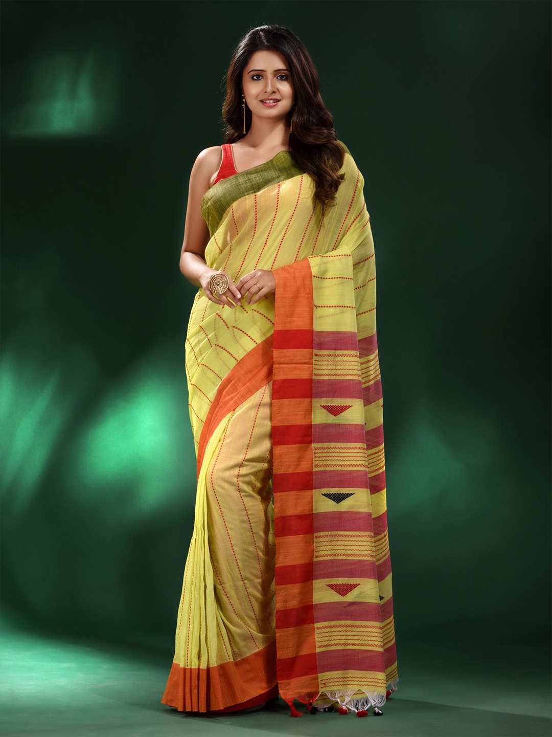 

Charukriti Yellow & Orange Woven Design Pure Cotton Saree