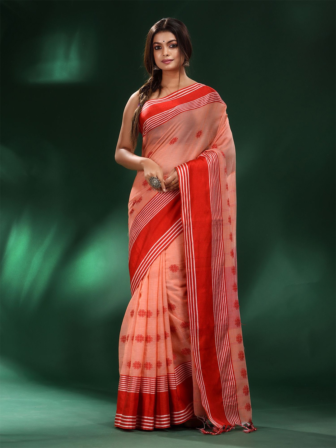 Charukriti Peach-Coloured & Red Woven Design Pure Cotton Saree
