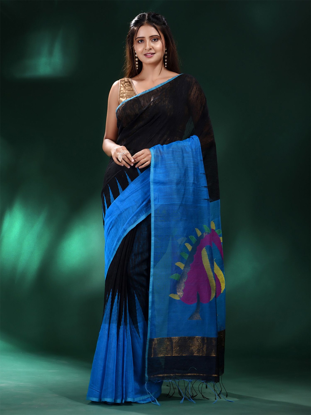 

Charukriti Black & Blue Woven Design Pure Silk Saree