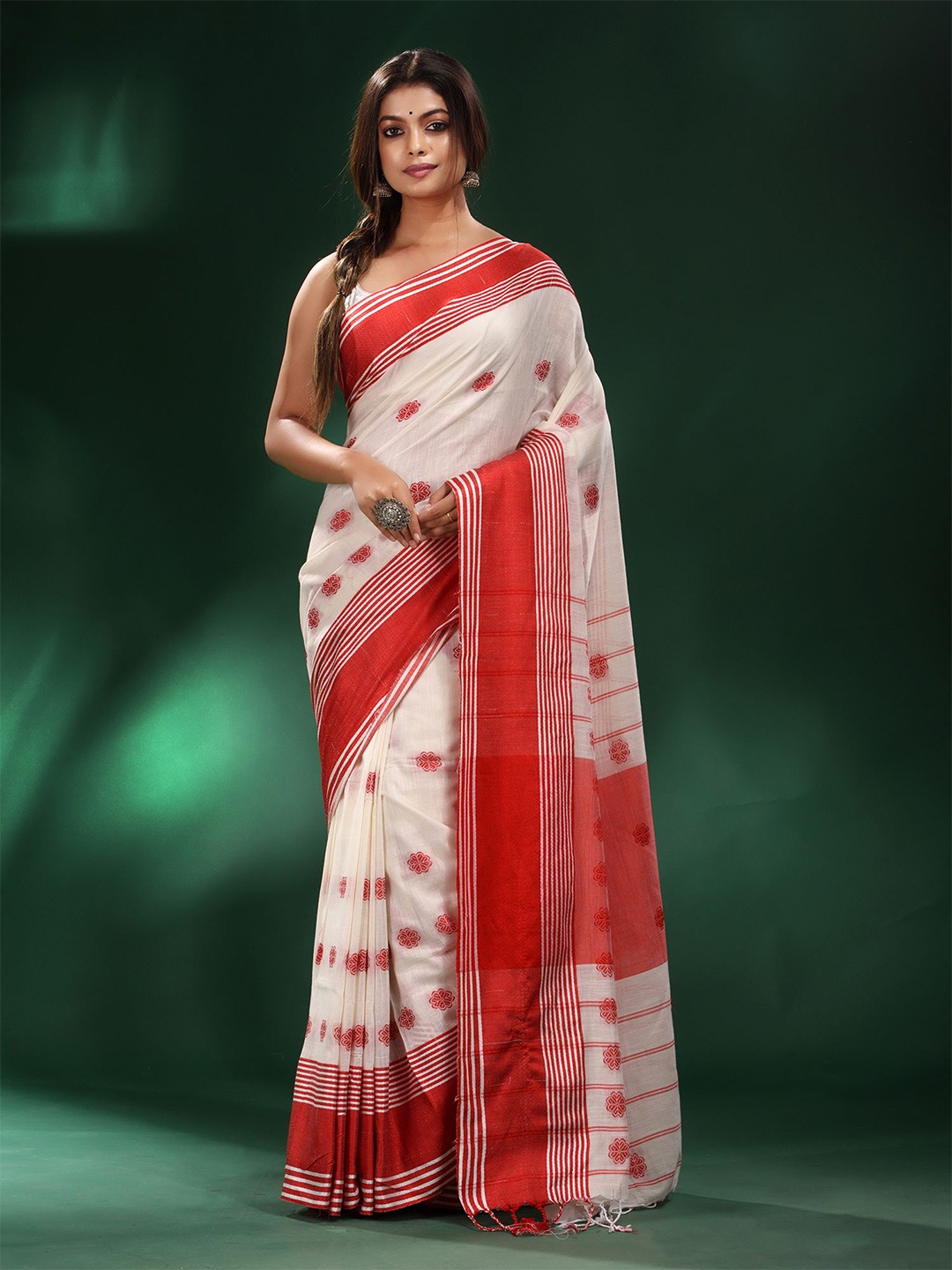 

Charukriti White & Red Woven Design Pure Cotton Saree