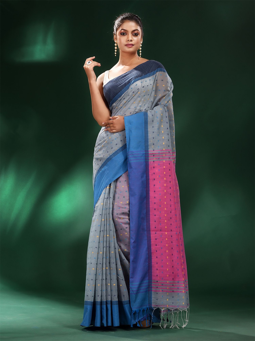 

Charukriti Grey & Blue Woven Design Pure Cotton Saree