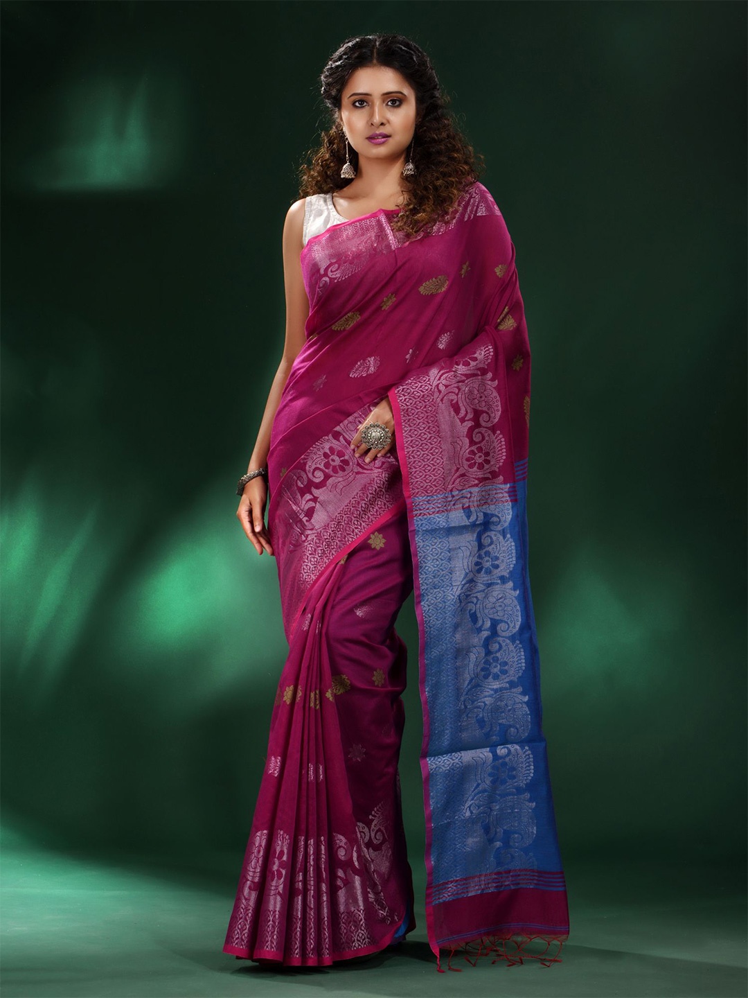 

Charukriti Pink & Blue Woven Design Zari Saree