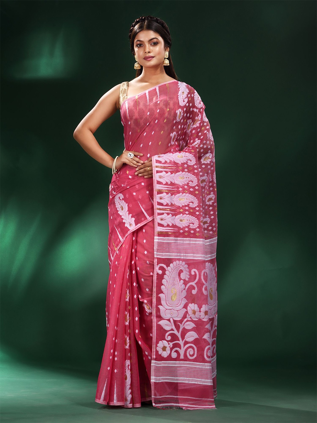 

Charukriti Pink & White Woven Design Silk Cotton Jamdani Saree