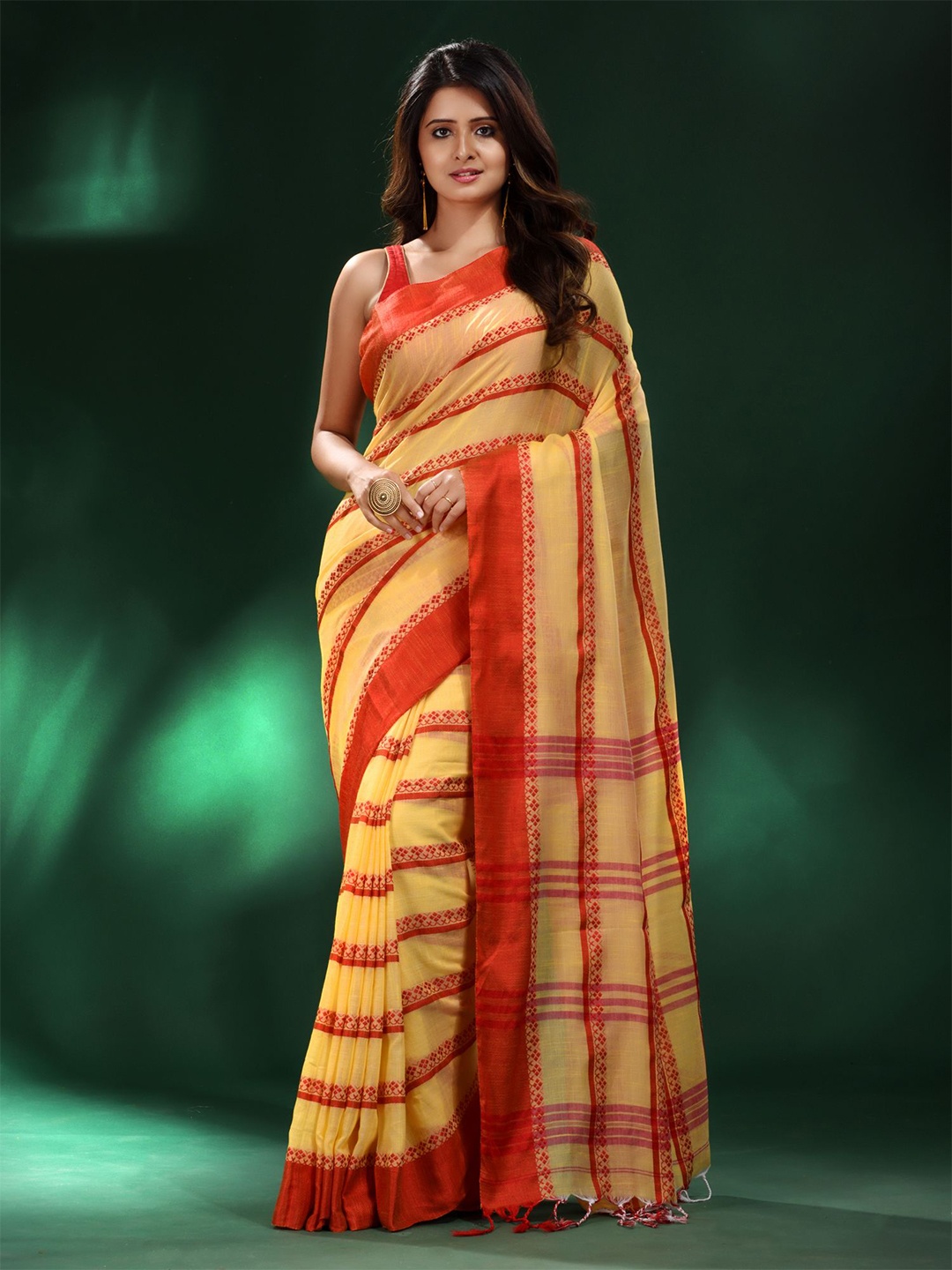 

Charukriti Yellow & Red Woven Design Pure Cotton Saree