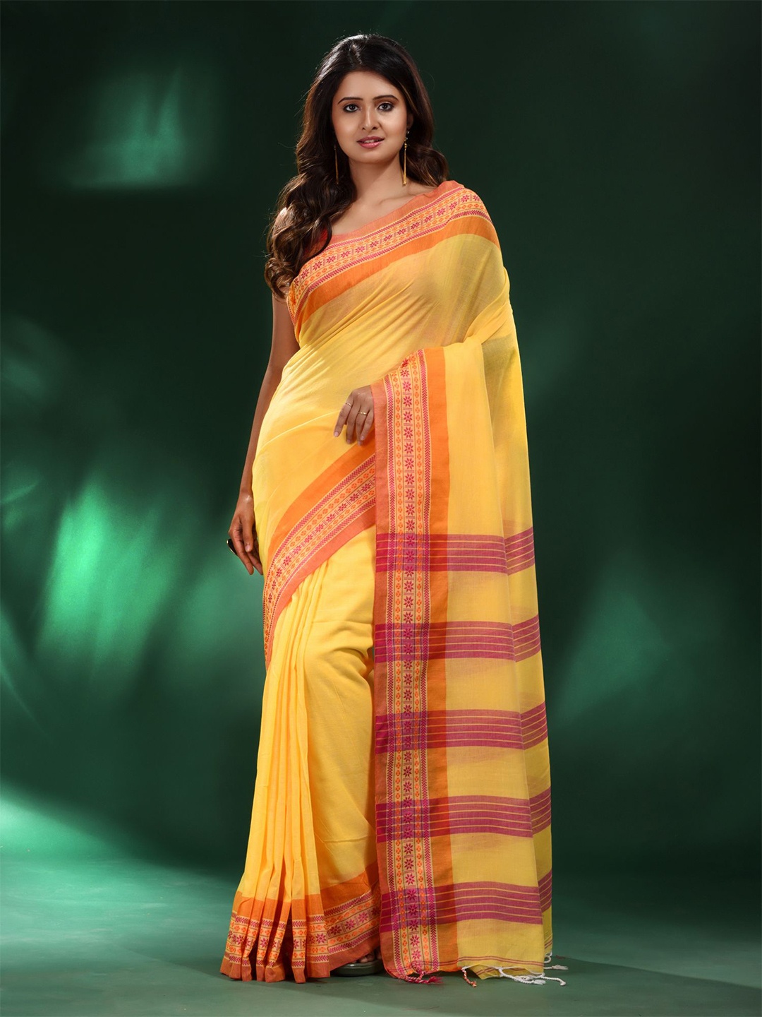 

Charukriti Yellow & Pink Woven Design Pure Cotton Saree