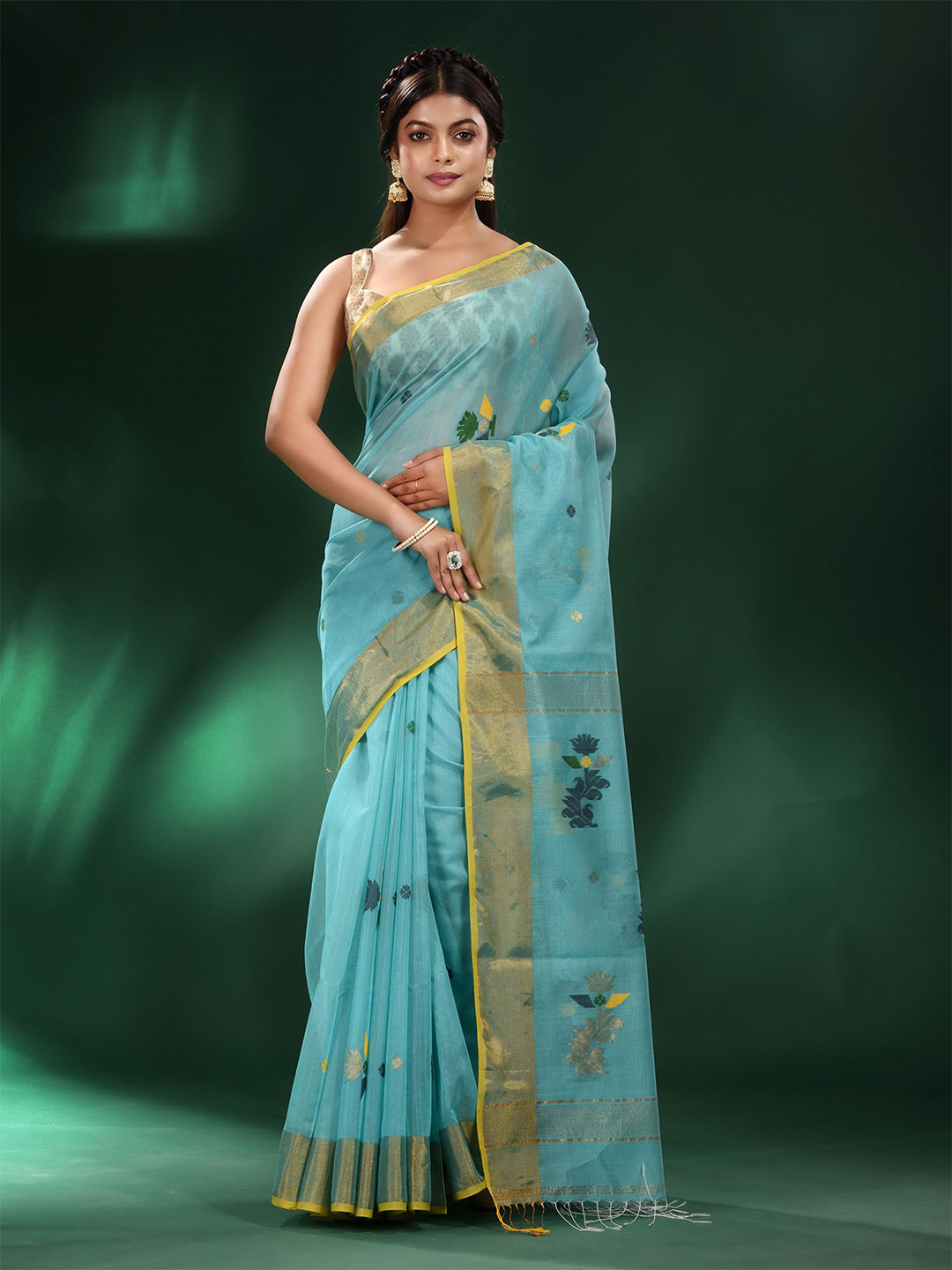 

Charukriti Green & Yellow Woven Design Zari Pure Silk Saree