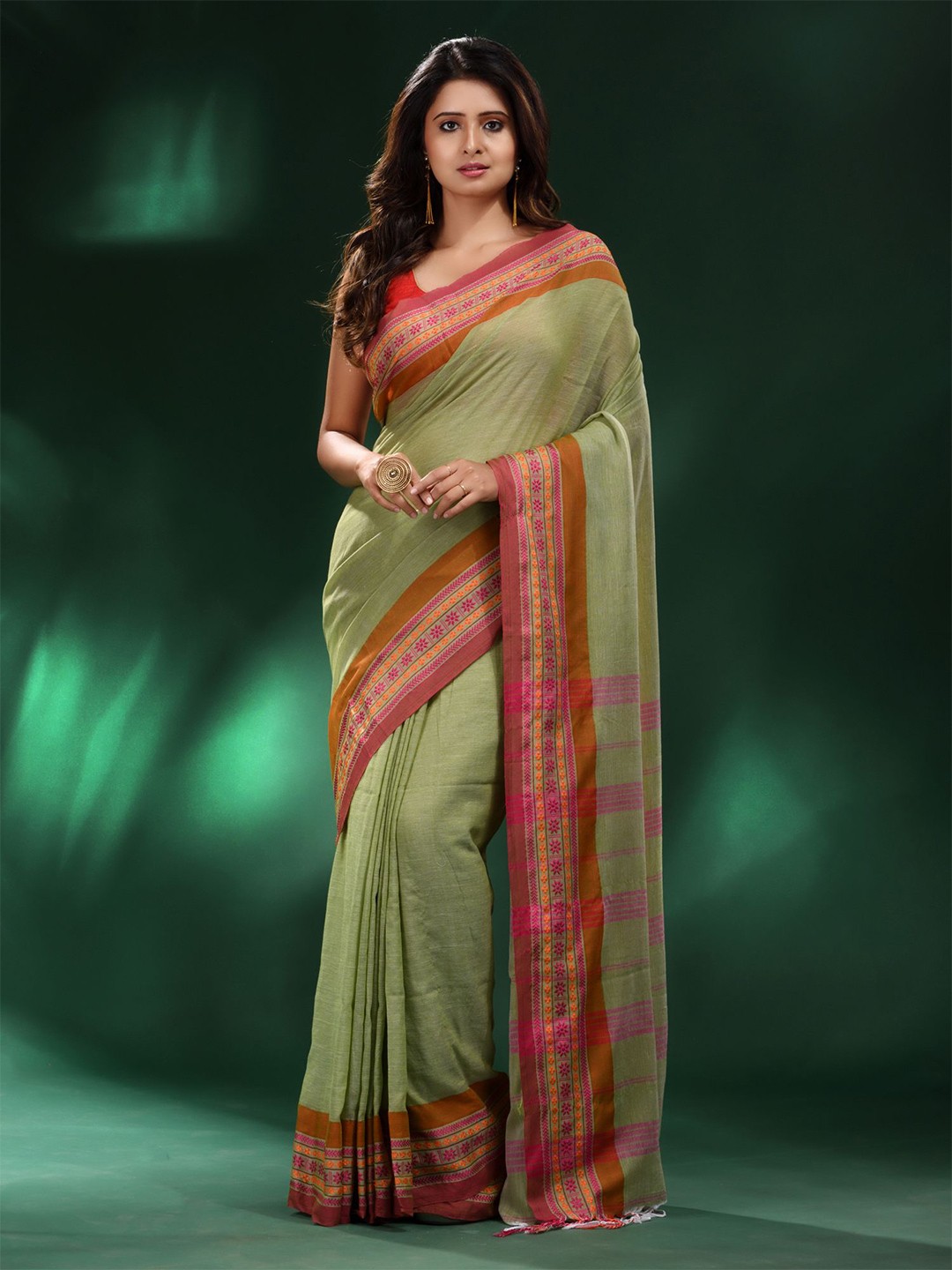 

Charukriti Green & Pink Woven Design Pure Cotton Saree
