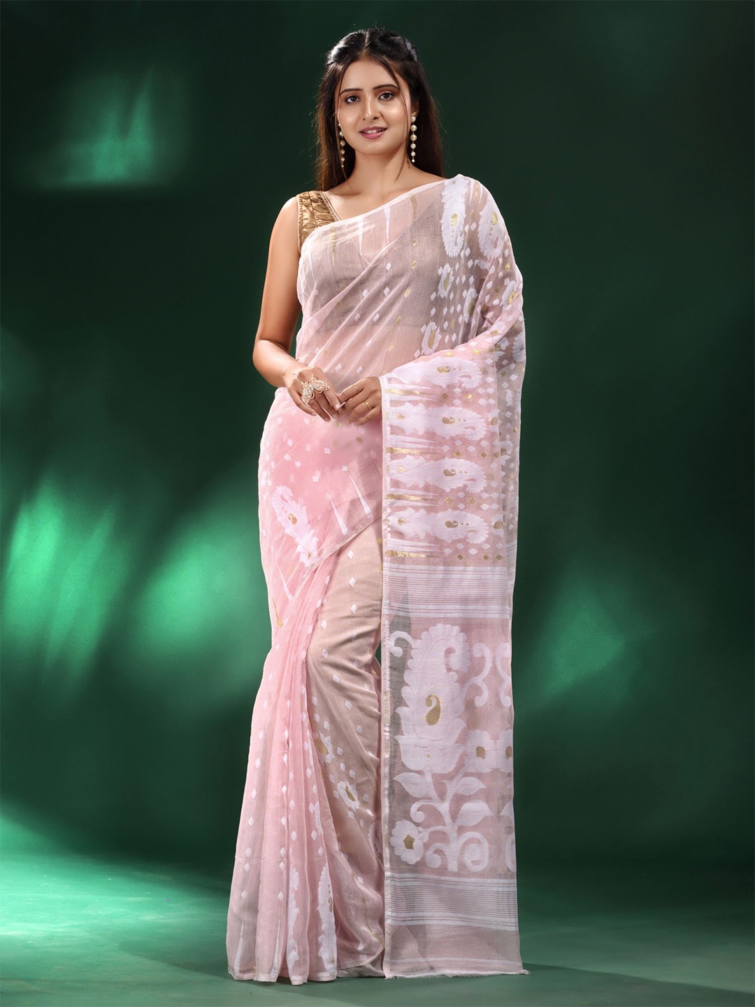 

Charukriti Pink & White Woven Design Silk Cotton Jamdani Saree