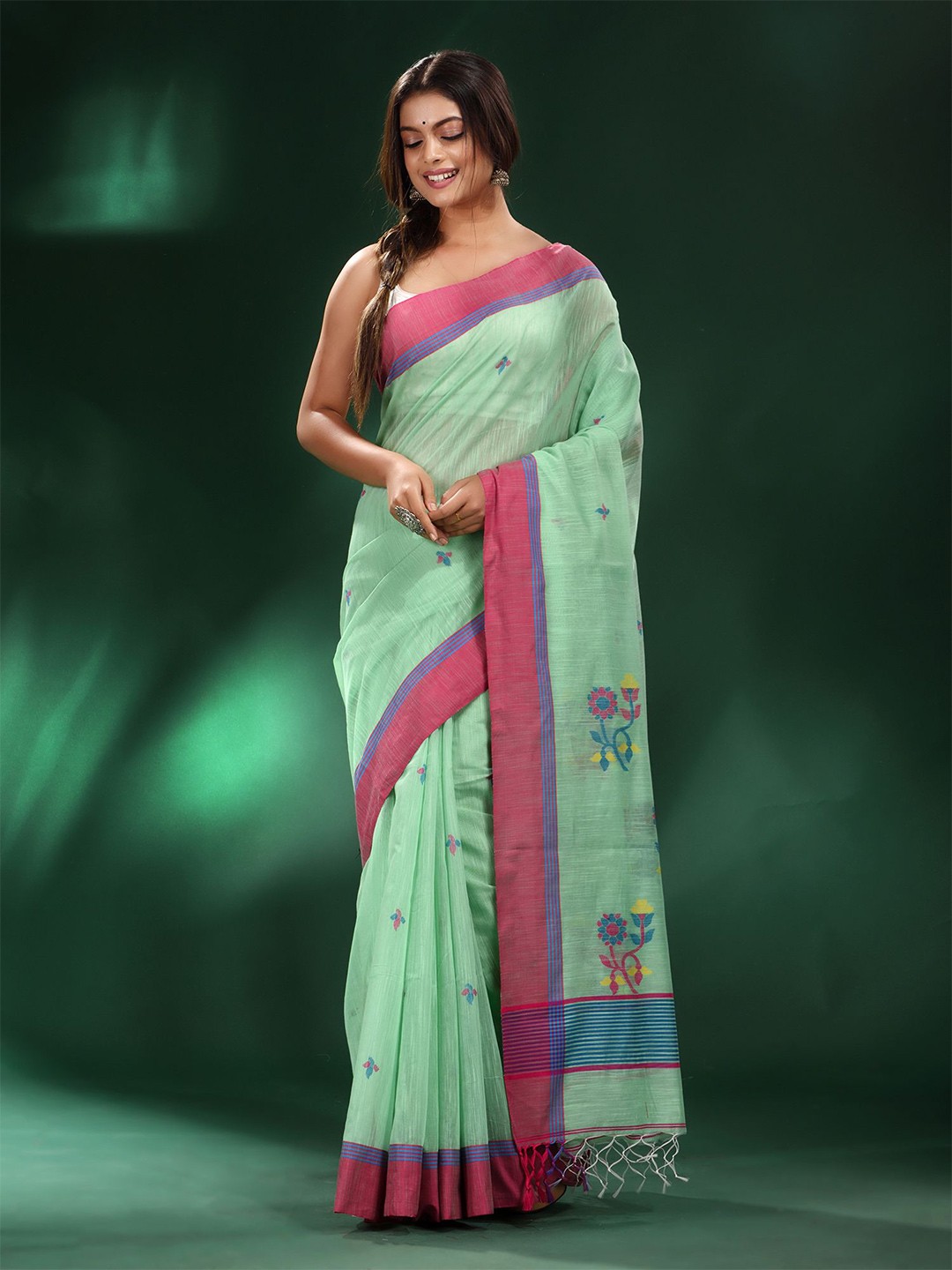

Charukriti Green & Pink Woven Design Pure Cotton Saree
