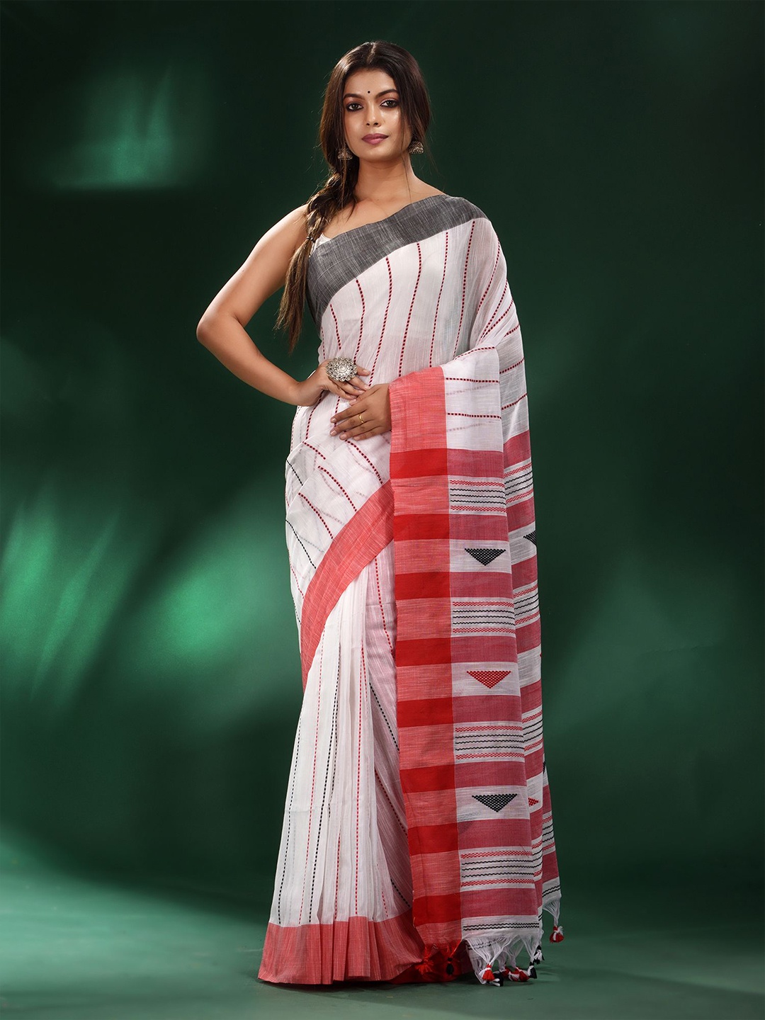 

Charukriti White & Red Woven Design Pure Cotton Saree