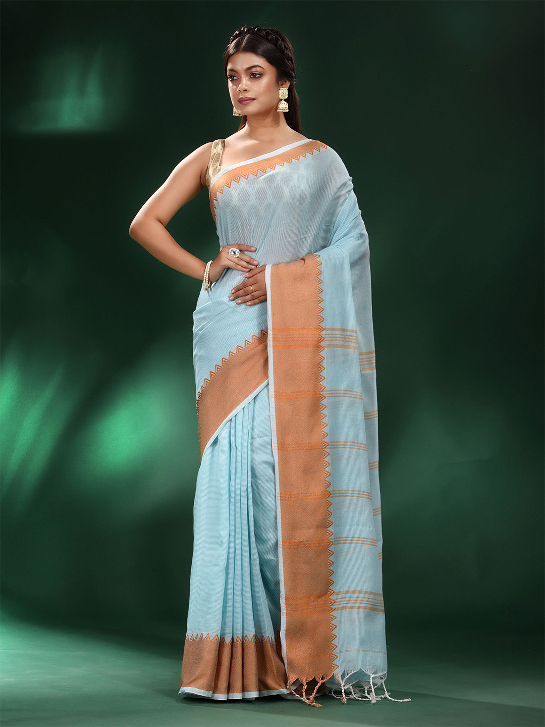 

Charukriti Green & Brown Woven Design Zari Pure Cotton Saree