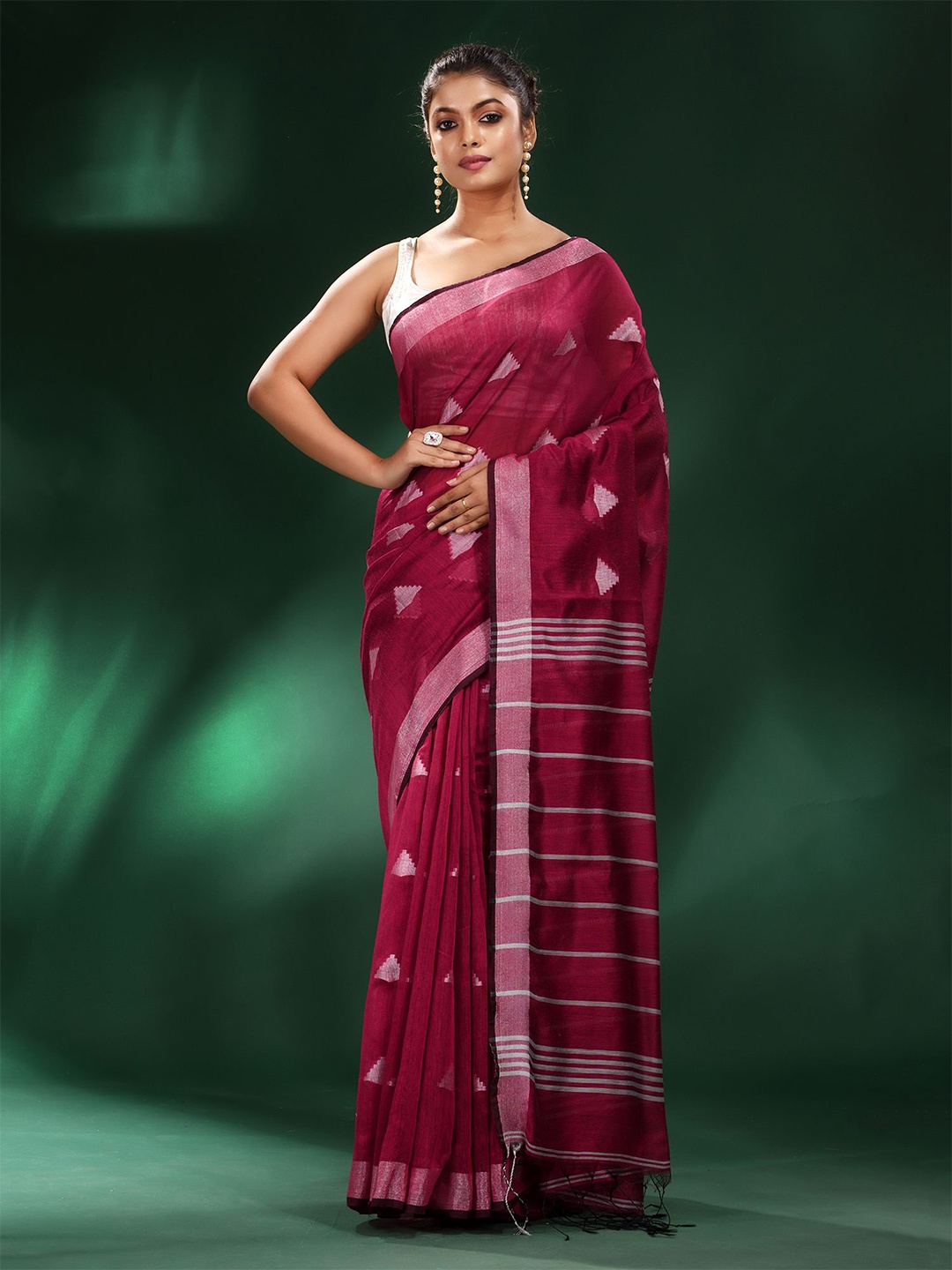 

Charukriti Fuchsia & Silver-Toned Woven Design Zari Saree