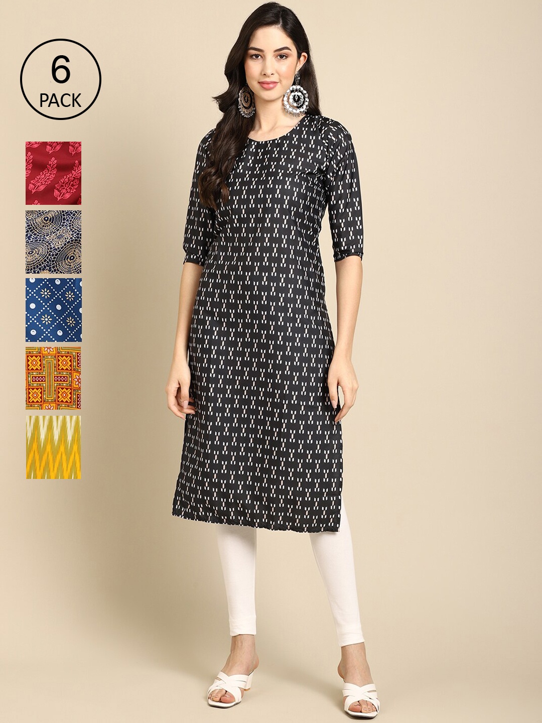 

7Threads Women Pack Of 6 Geometric Printed Crepe Kurta, Yellow