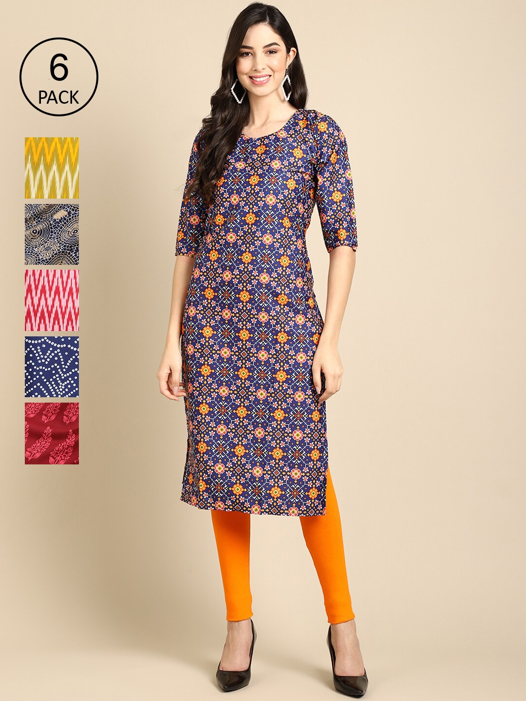 

7Threads Pack of 6 Women Printed Straight Crepe Kurta, Multi