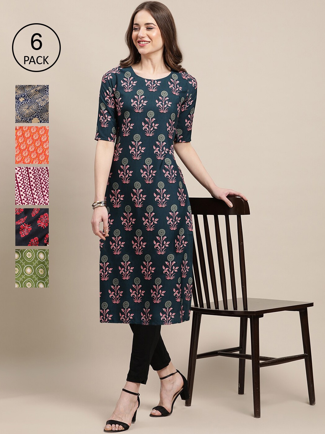 

7Threads Women Pack of 6 Digital Printed Straight Kurtas, Blue