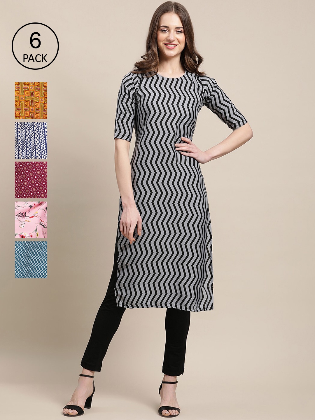 

7Threads Women Pack of 6 Digital Printed Straight Kurtas, Black