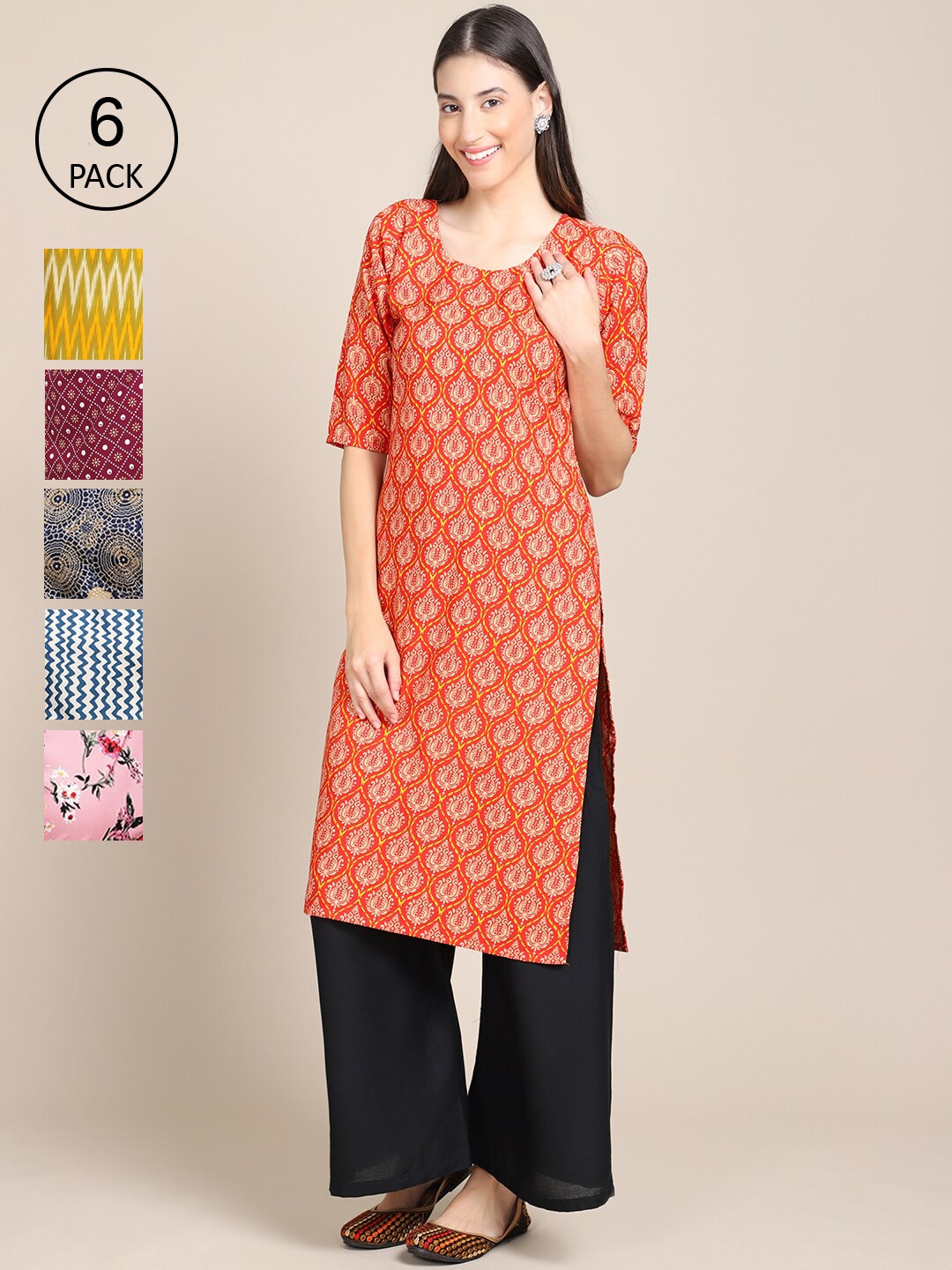 

7Threads Women Pack of 6 Digital Printed Straight Kurtas, Red