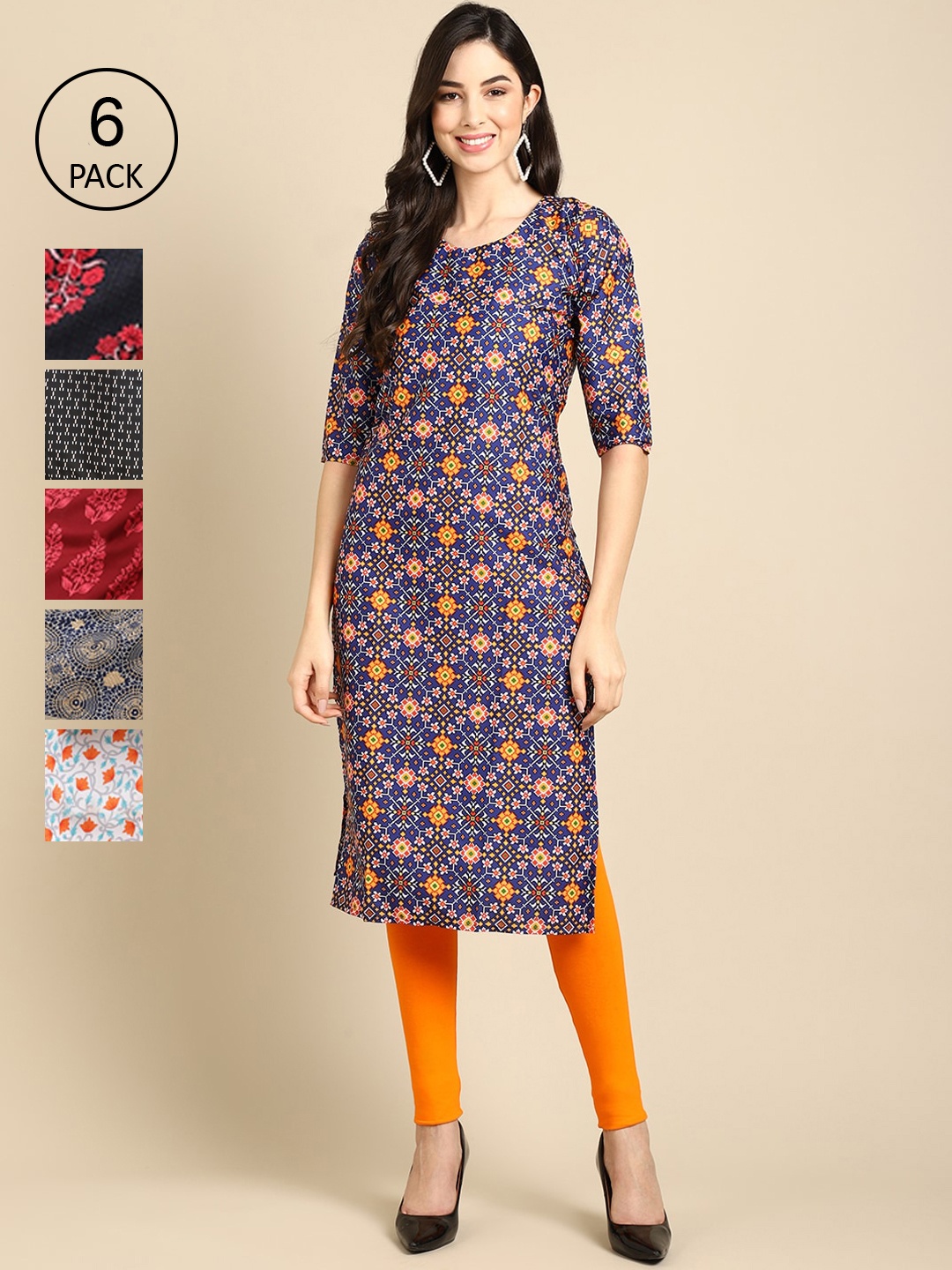 

7Threads Women Pack of 6 Digital Printed Straight Kurtas, Blue