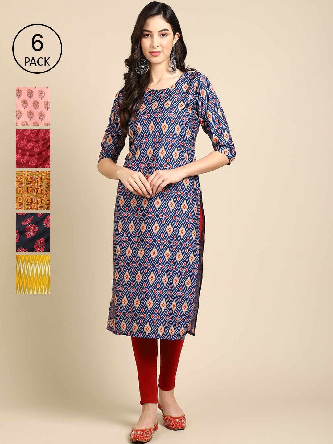 

7Threads Women Pack of 6 Digital Printed Straight Kurtas, Blue