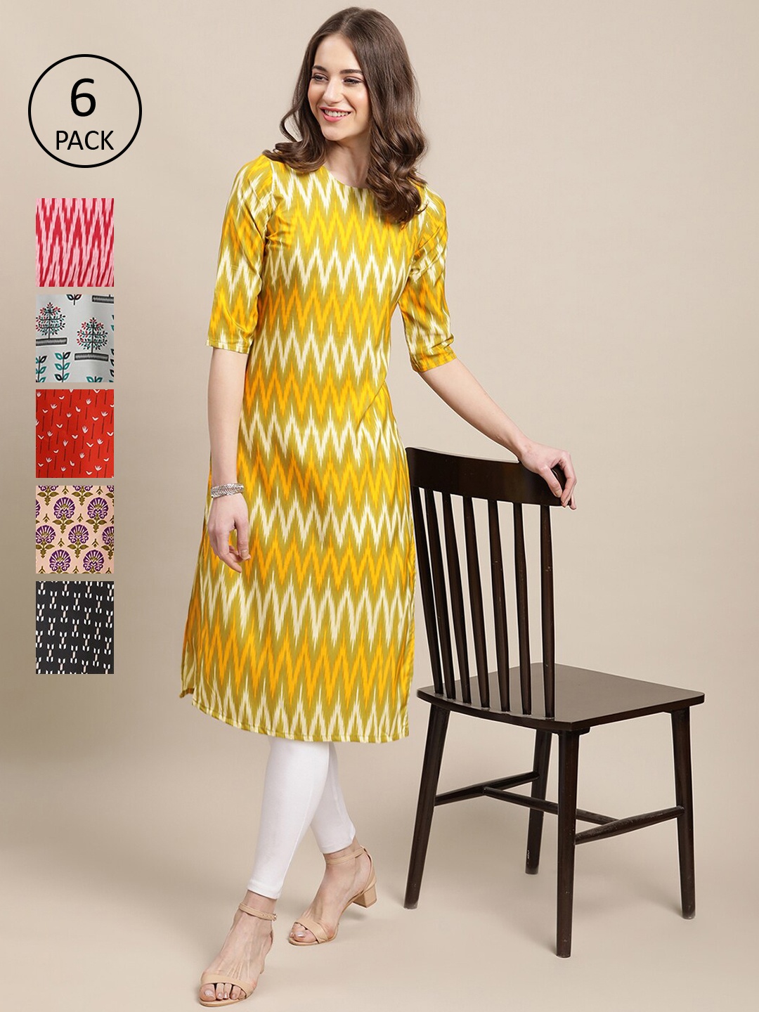 

7Threads Women Pack of 6 Digital Printed Straight Kurtas, Yellow