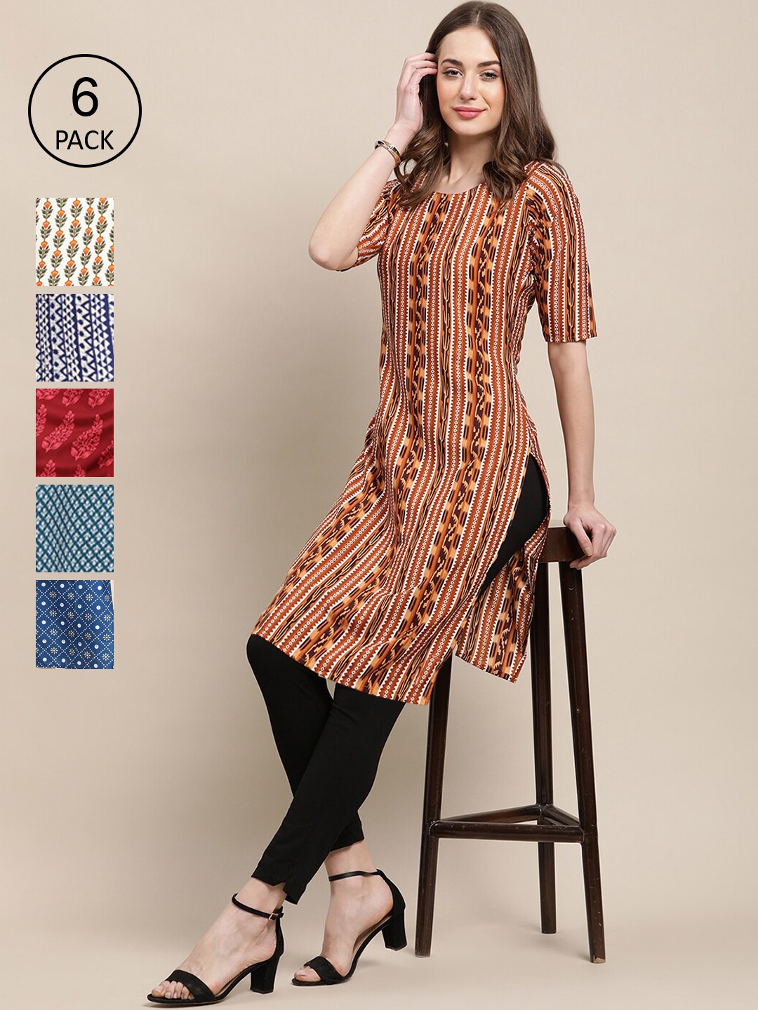 

7Threads Women Pack of 6 Digital Printed Straight Kurtas, Blue